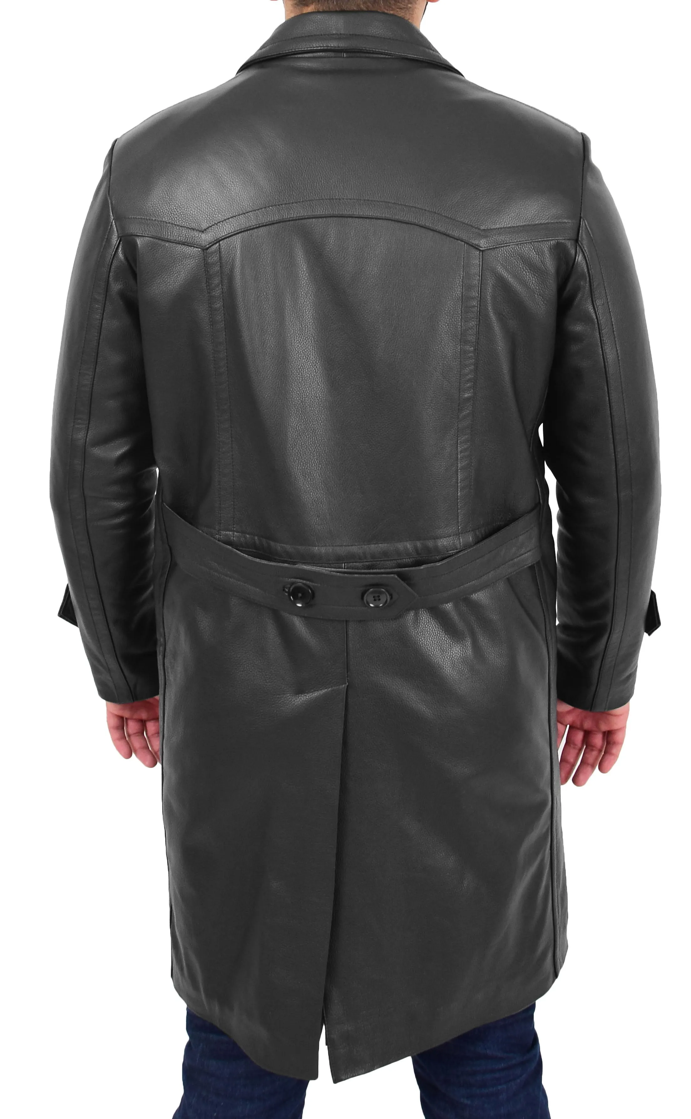 Mens Trench Leather Coat 3/4 Long Overcoat Neo Black