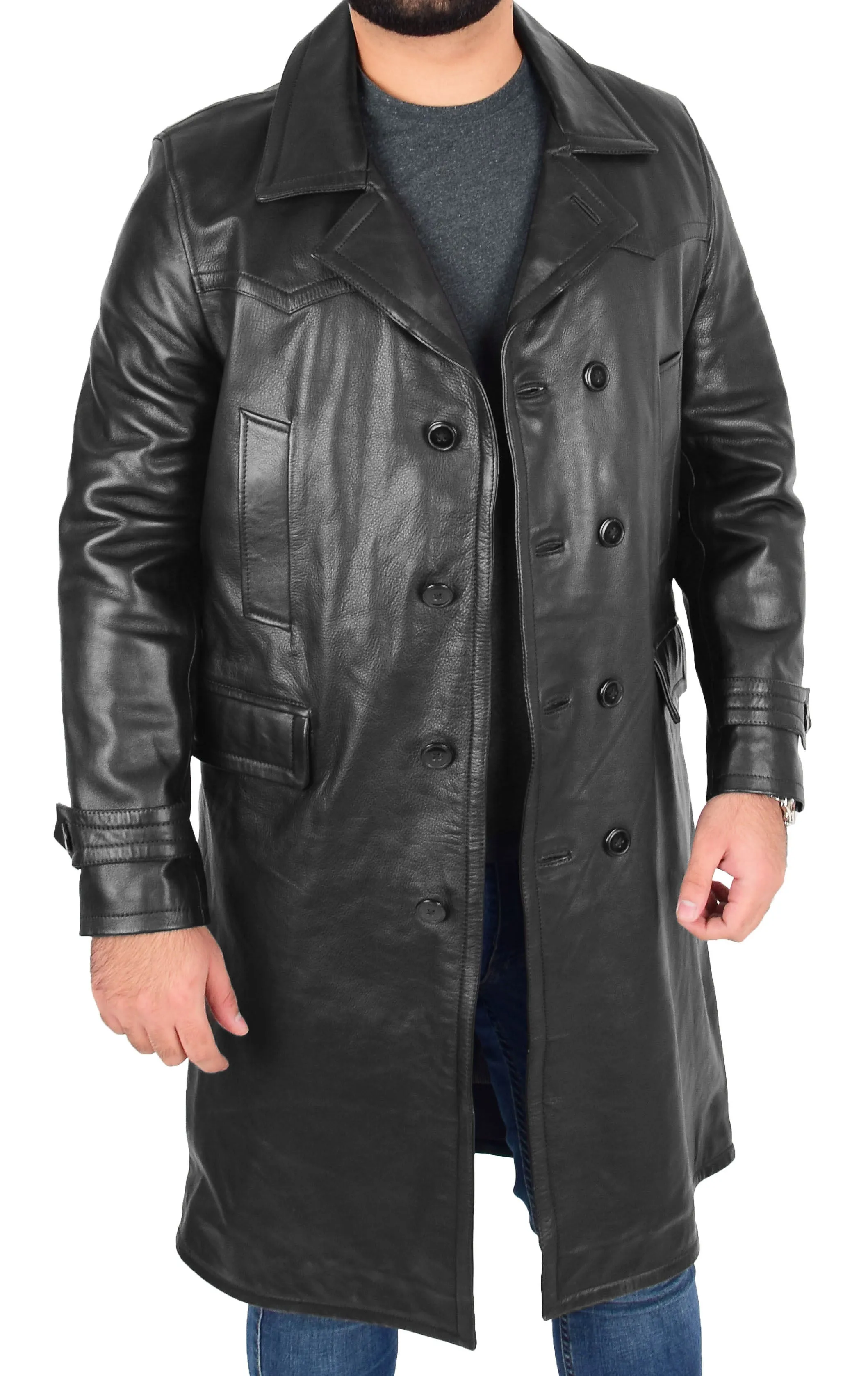 Mens Trench Leather Coat 3/4 Long Overcoat Neo Black