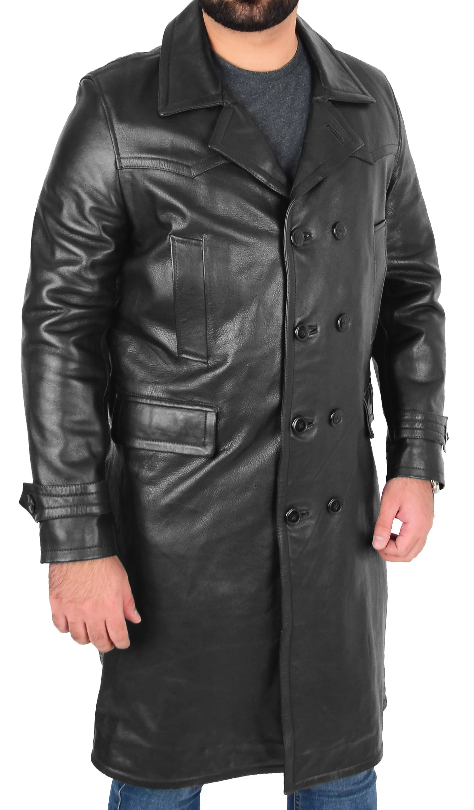 Mens Trench Leather Coat 3/4 Long Overcoat Neo Black