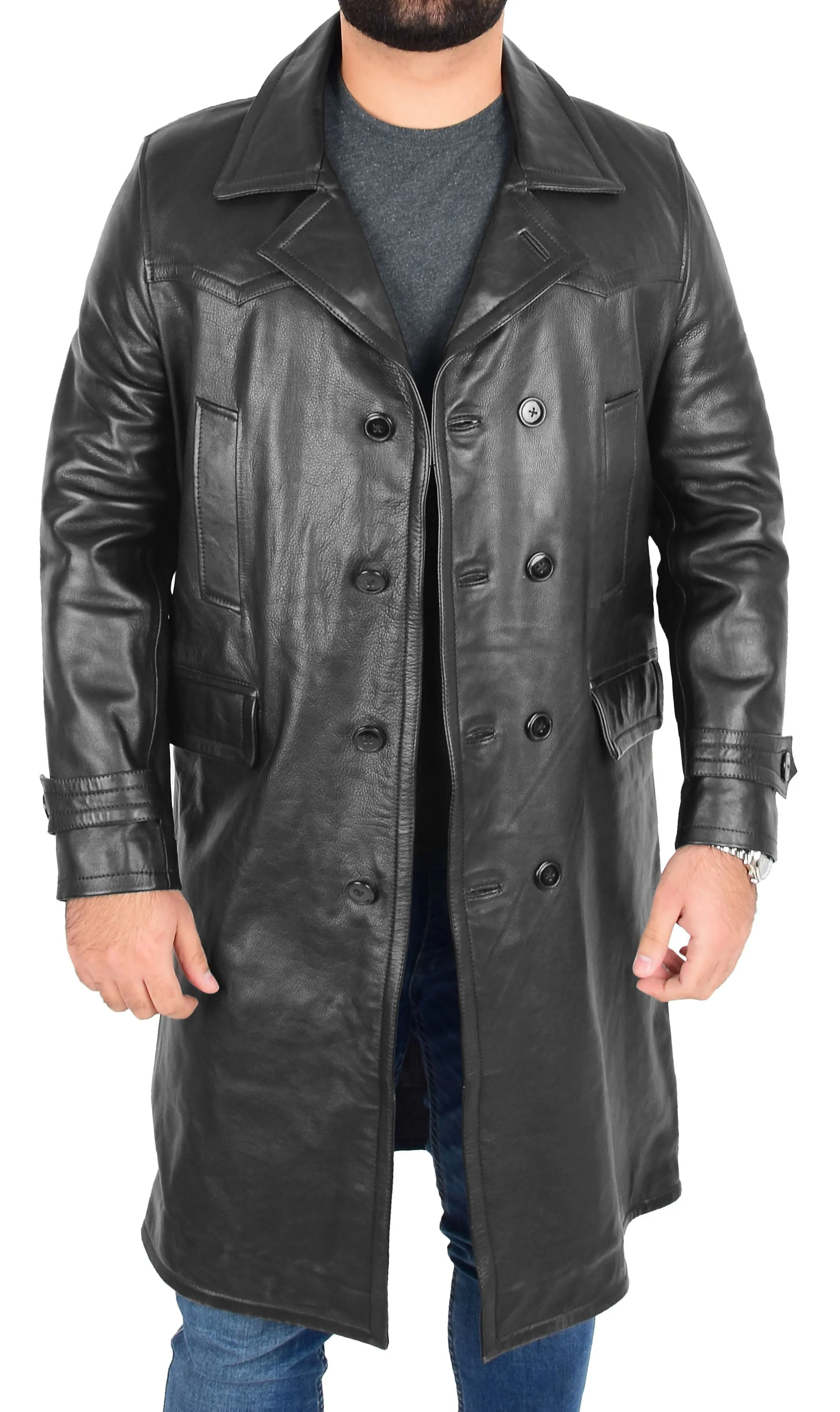 Mens Trench Leather Coat 3/4 Long Overcoat Neo Black