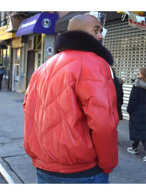 Multi Color Mens V Bomber Lambskin Leather Jacket With Fox Fur Collar