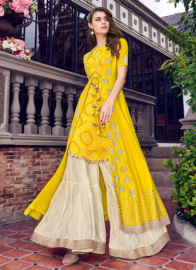 Mustard Yellow Embroidered Jacket Style Sharara Suit