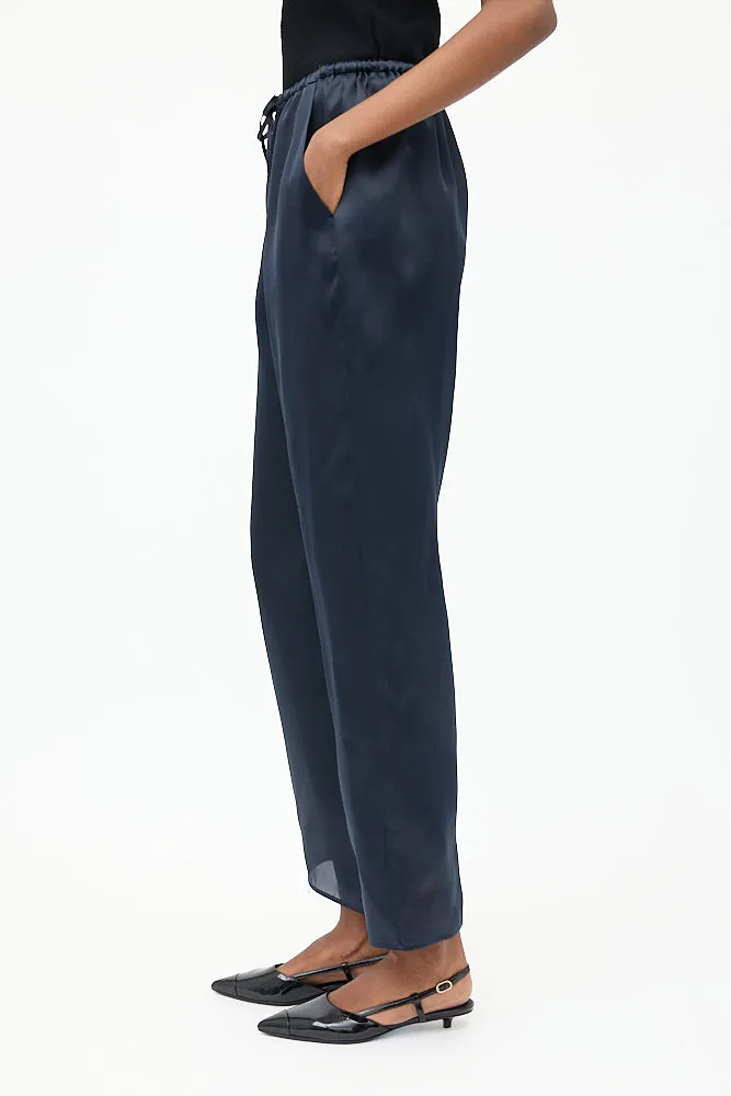 Navy Silk Organza Drawstring Trouser