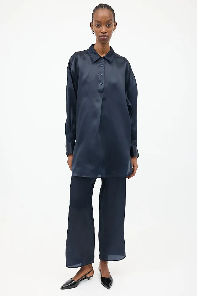 Navy Silk Organza Drawstring Trouser