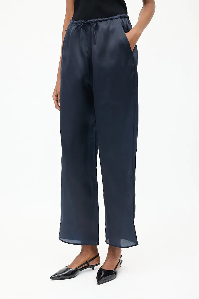 Navy Silk Organza Drawstring Trouser