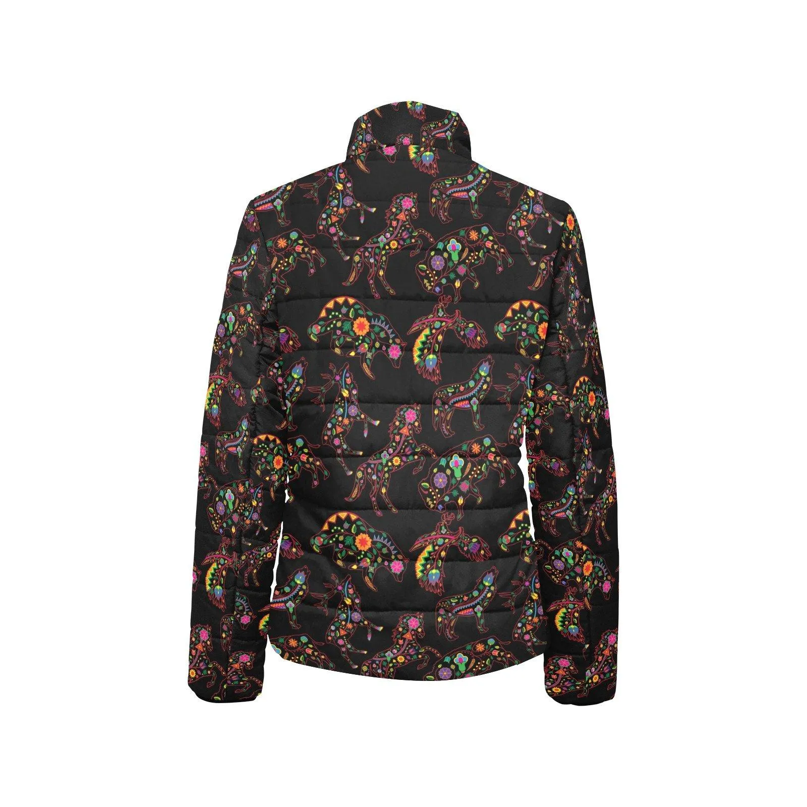 Neon Floral Animals Women's Stand Collar Padded Jacket