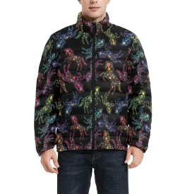 Neon Floral Horses Men's Stand Collar Padded Jacket