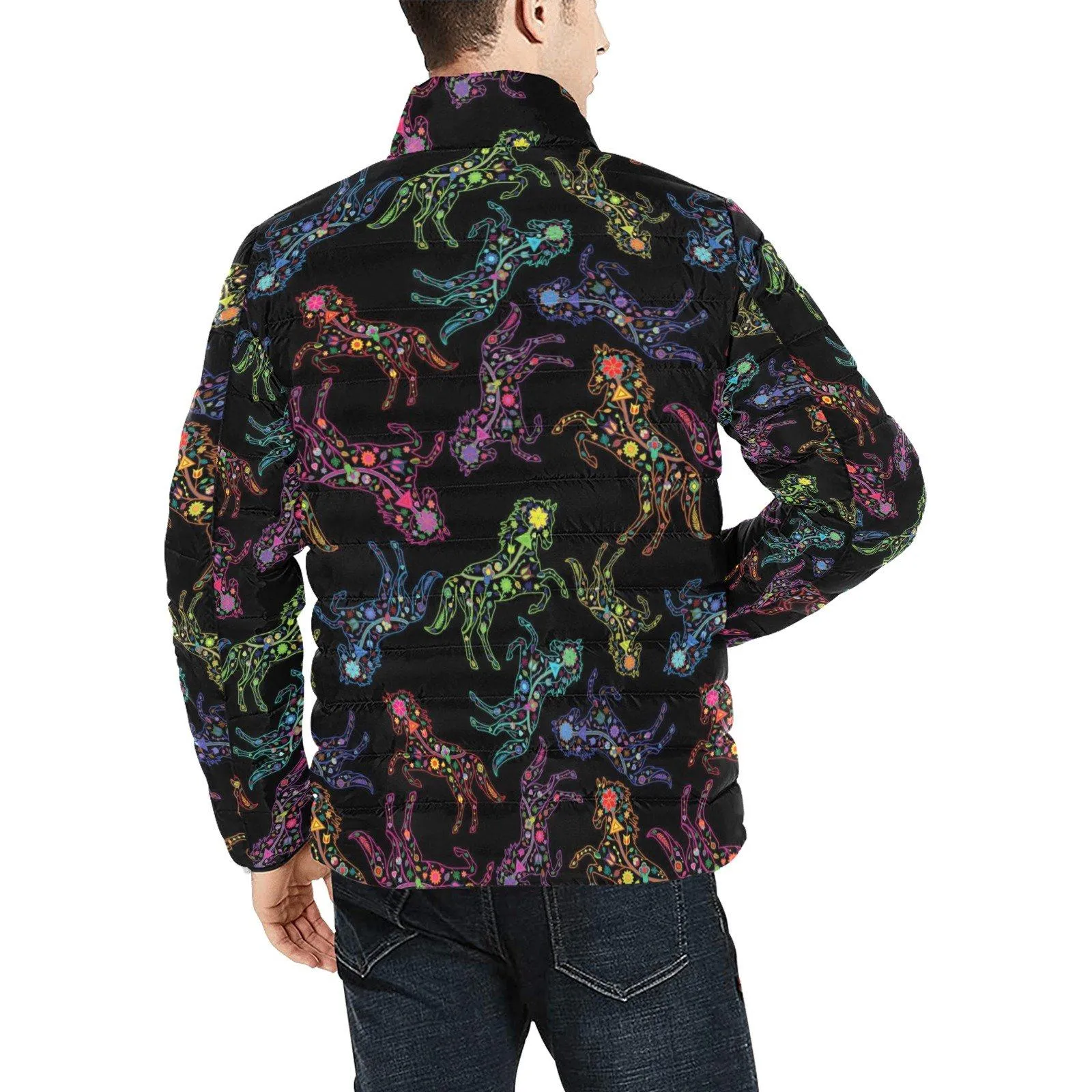 Neon Floral Horses Men's Stand Collar Padded Jacket