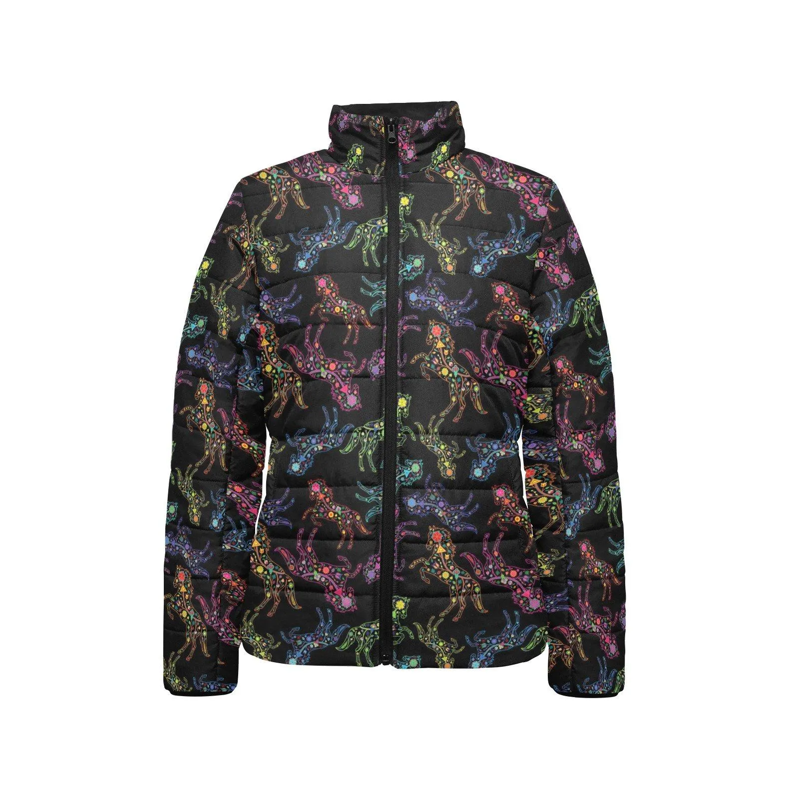 Neon Floral Horses Women's Stand Collar Padded Jacket