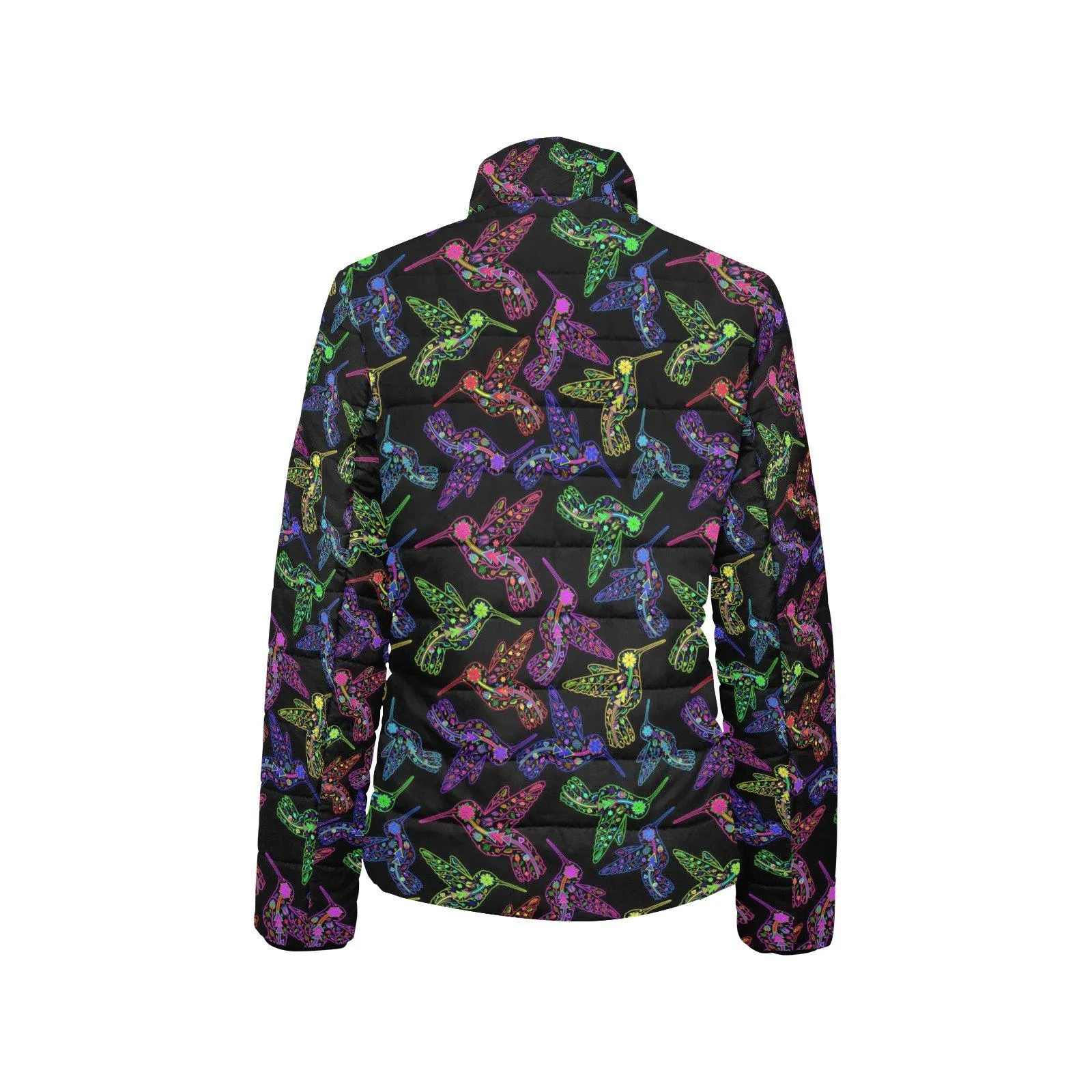 Neon Floral Hummingbirds Women's Stand Collar Padded Jacket