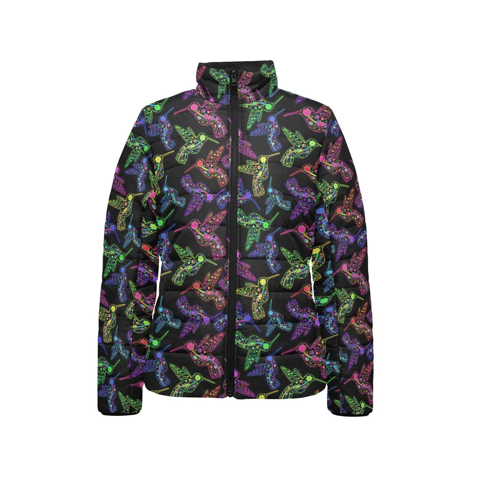 Neon Floral Hummingbirds Women's Stand Collar Padded Jacket