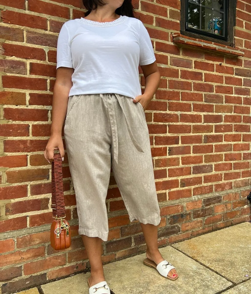 Oatmeal Linen Blend Crop Trousers