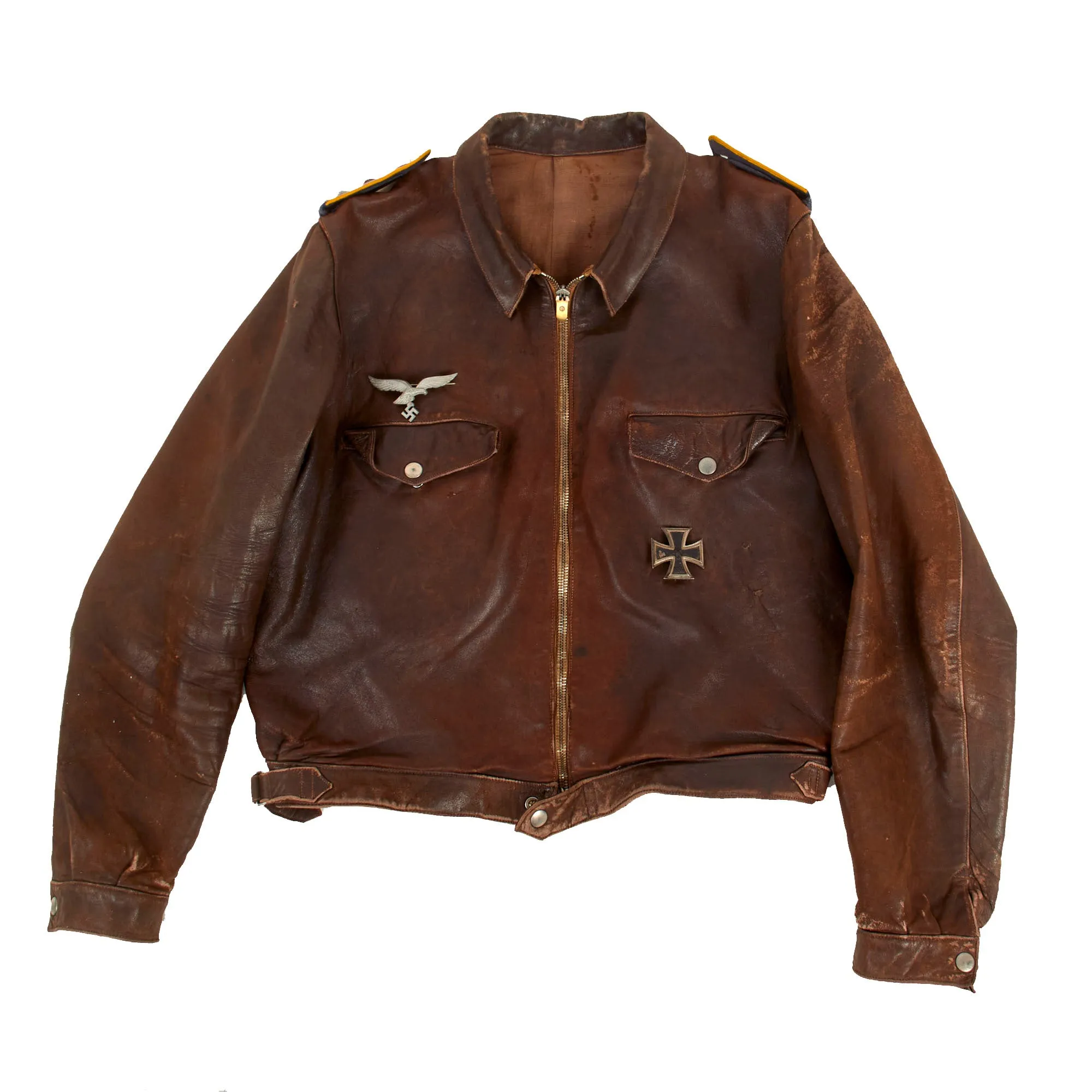 Original German WWII Luftwaffe Oberfeldwebel Senior NCO's Leather Flight Jacket with EM/NCO Schirmmütze Visor Crush Cap