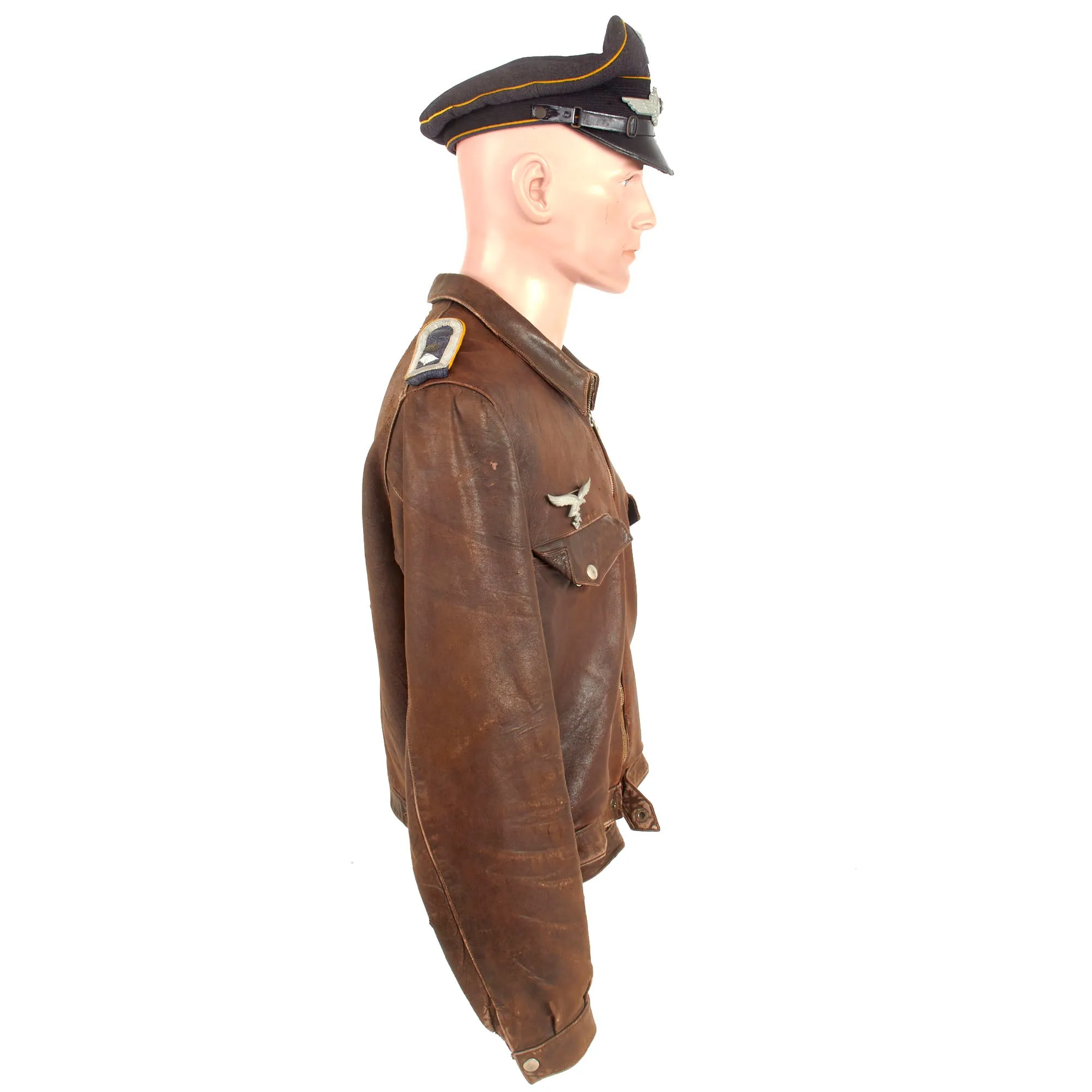 Original German WWII Luftwaffe Oberfeldwebel Senior NCO's Leather Flight Jacket with EM/NCO Schirmmütze Visor Crush Cap