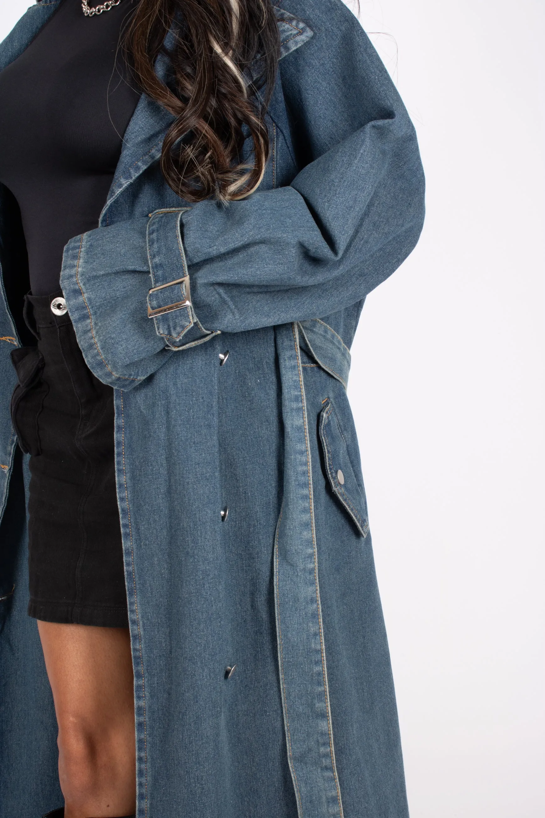 Oversized Denim Trench Tie Waist