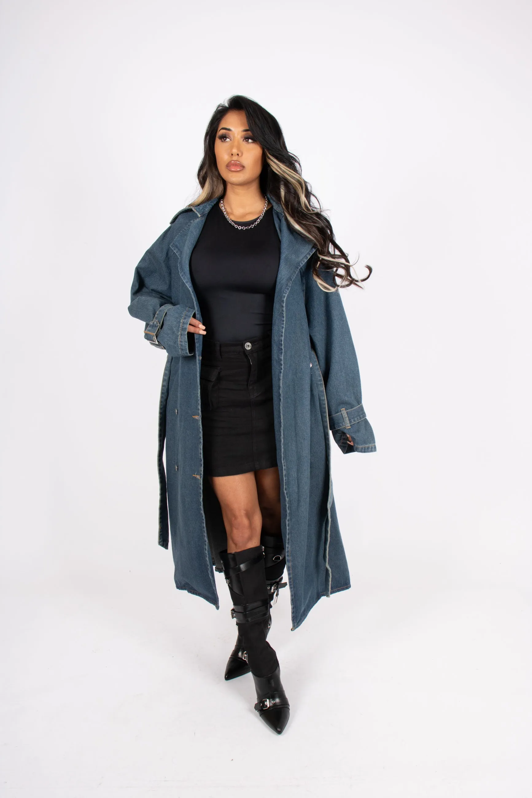 Oversized Denim Trench Tie Waist