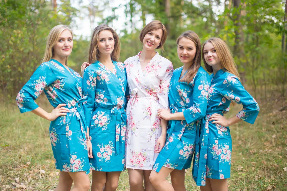 Peacock Blue Faded Flowers Pattern Bridesmaids Robes