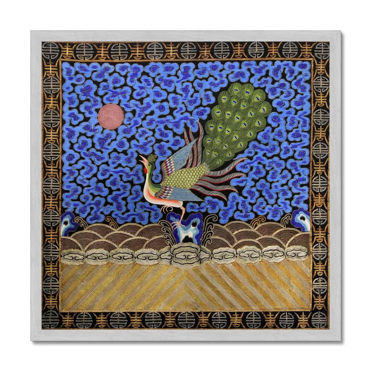 Peacock Mandarin Square  | Traditional Chinese Qing Dynasty Silk Embroidery Design | Antique Framed Fine Art Print