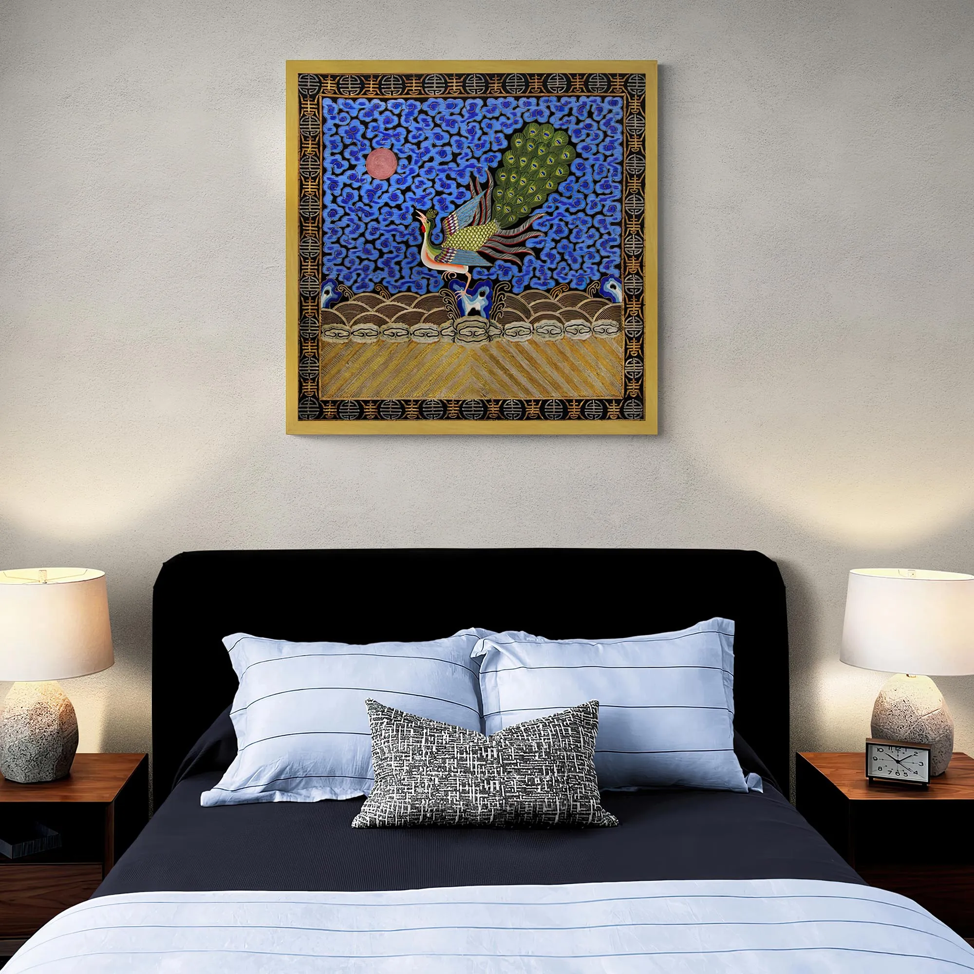 Peacock Mandarin Square  | Traditional Chinese Qing Dynasty Silk Embroidery Design | Antique Framed Fine Art Print