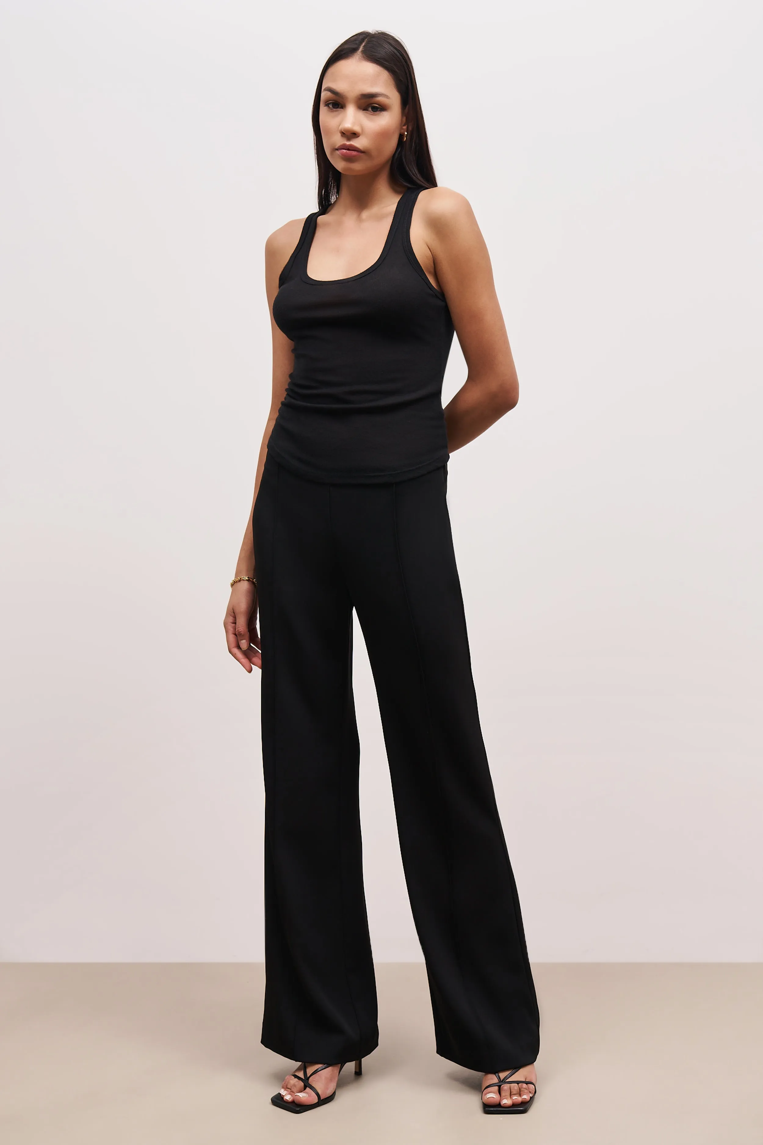 Pin Tuck Tailored Straight Leg Trousers - Black