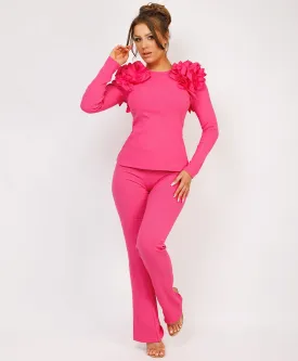 Pink Ruffle Frill Shoulder Ribbed Top And Trousers Loungewear Set