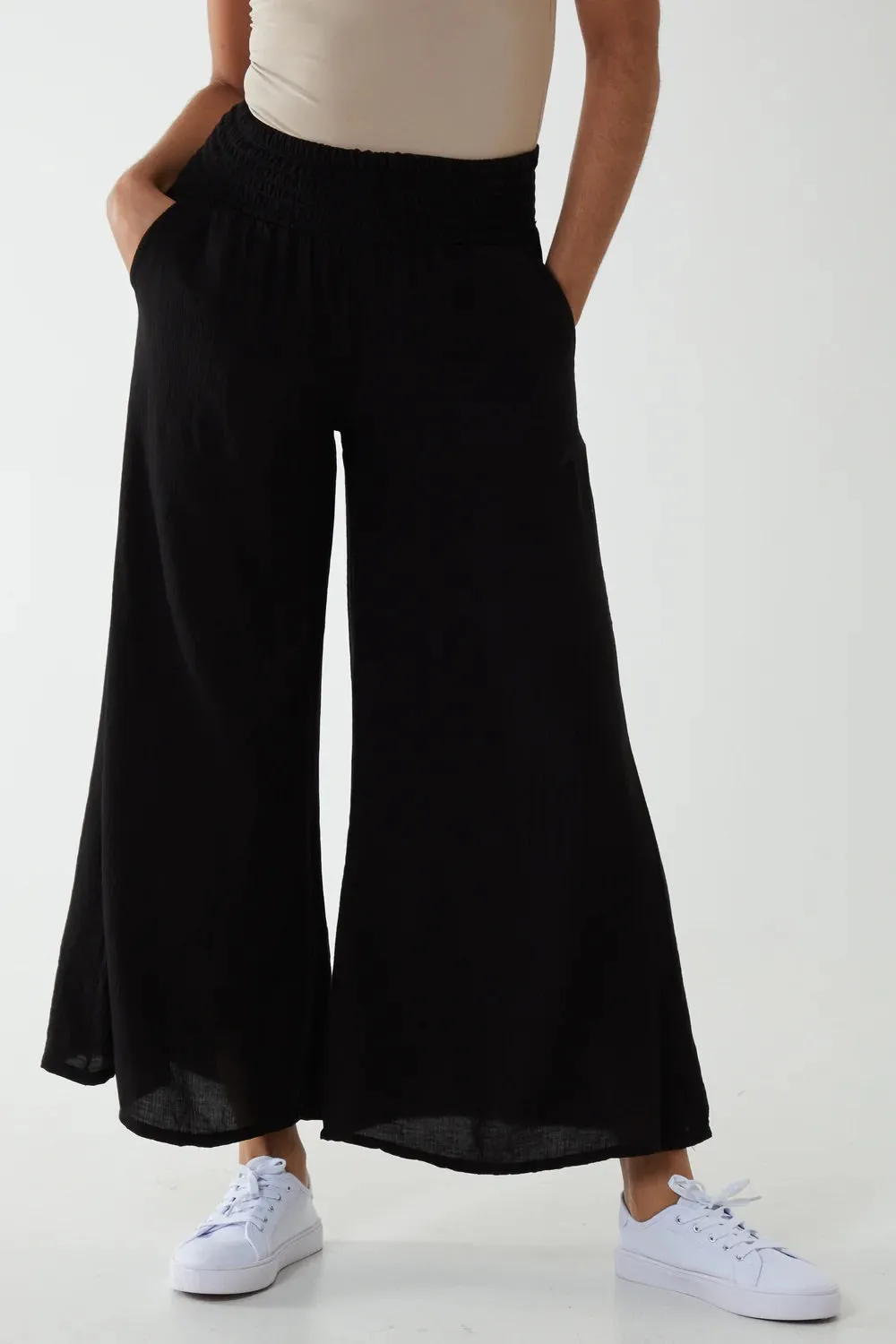 Plain Crinkle Effect Shirred Waist Wide Leg Trousers (2 Colours)