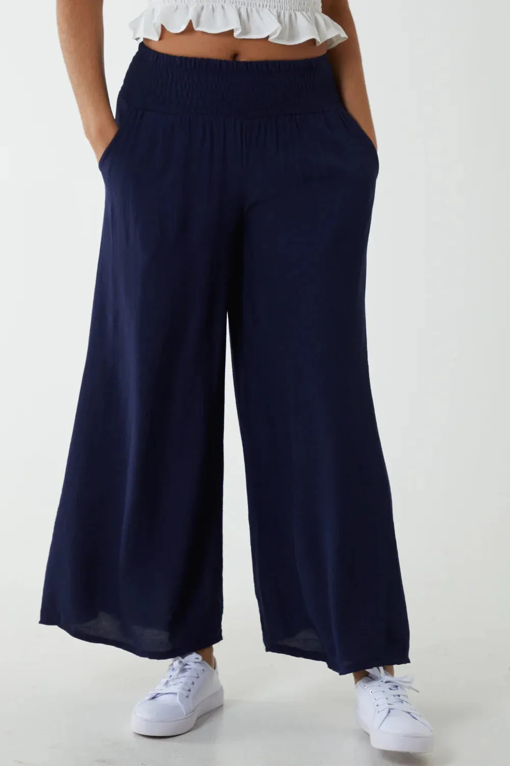 Plain Crinkle Effect Shirred Waist Wide Leg Trousers (2 Colours)