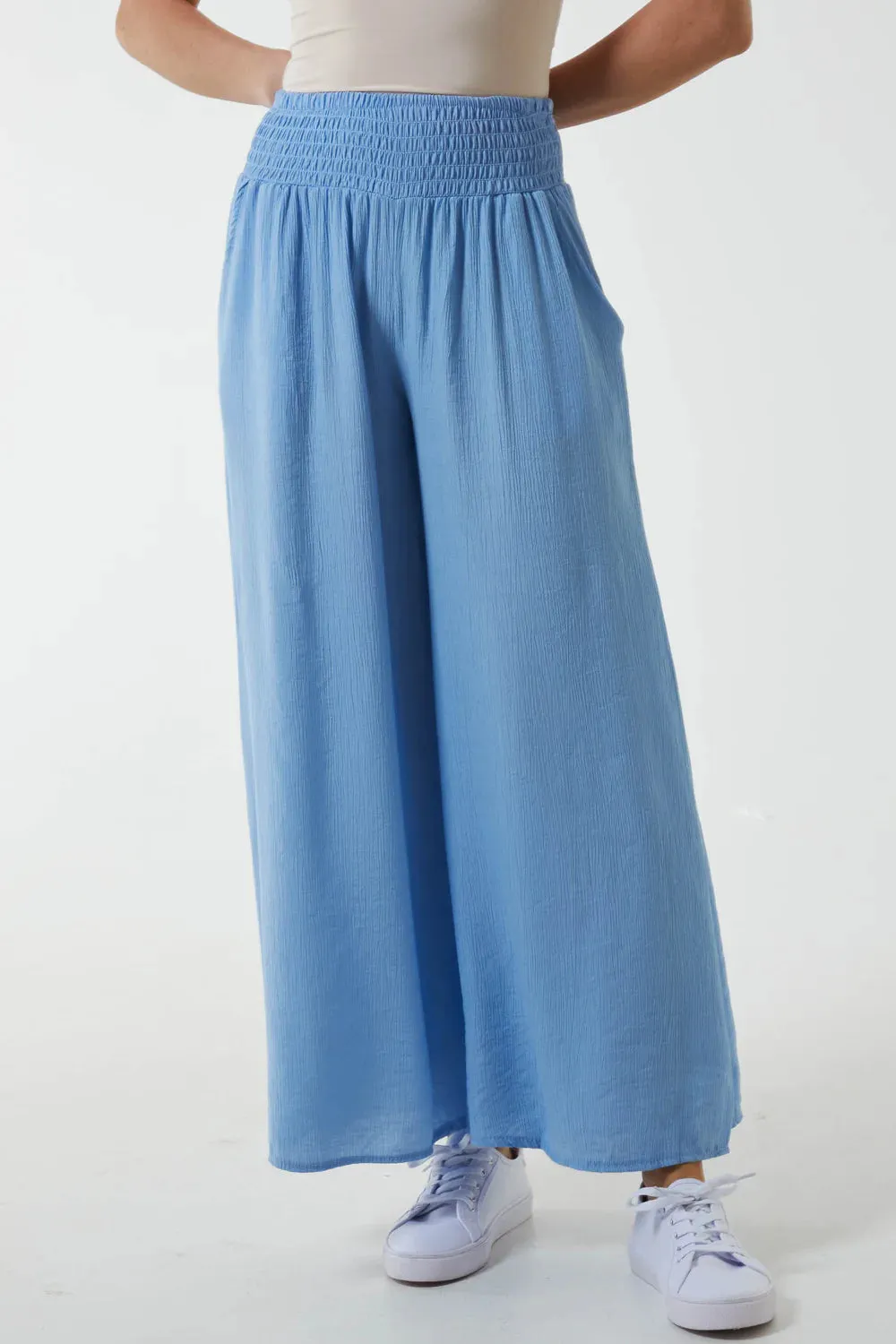 Plain Crinkle Effect Shirred Waist Wide Leg Trousers (2 Colours)