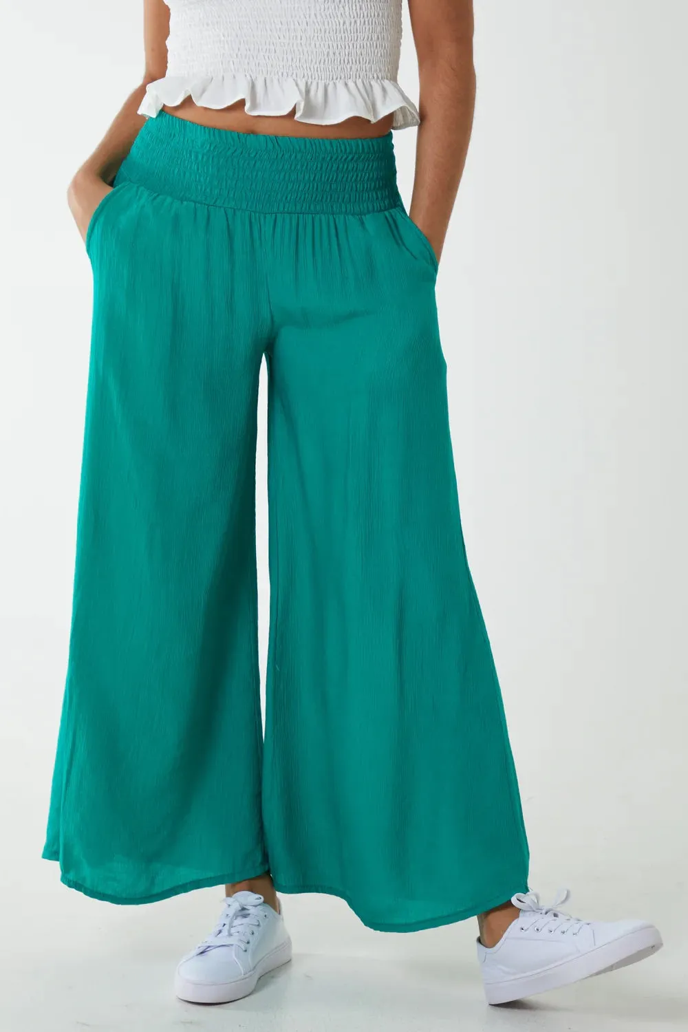 Plain Crinkle Effect Shirred Waist Wide Leg Trousers (2 Colours)