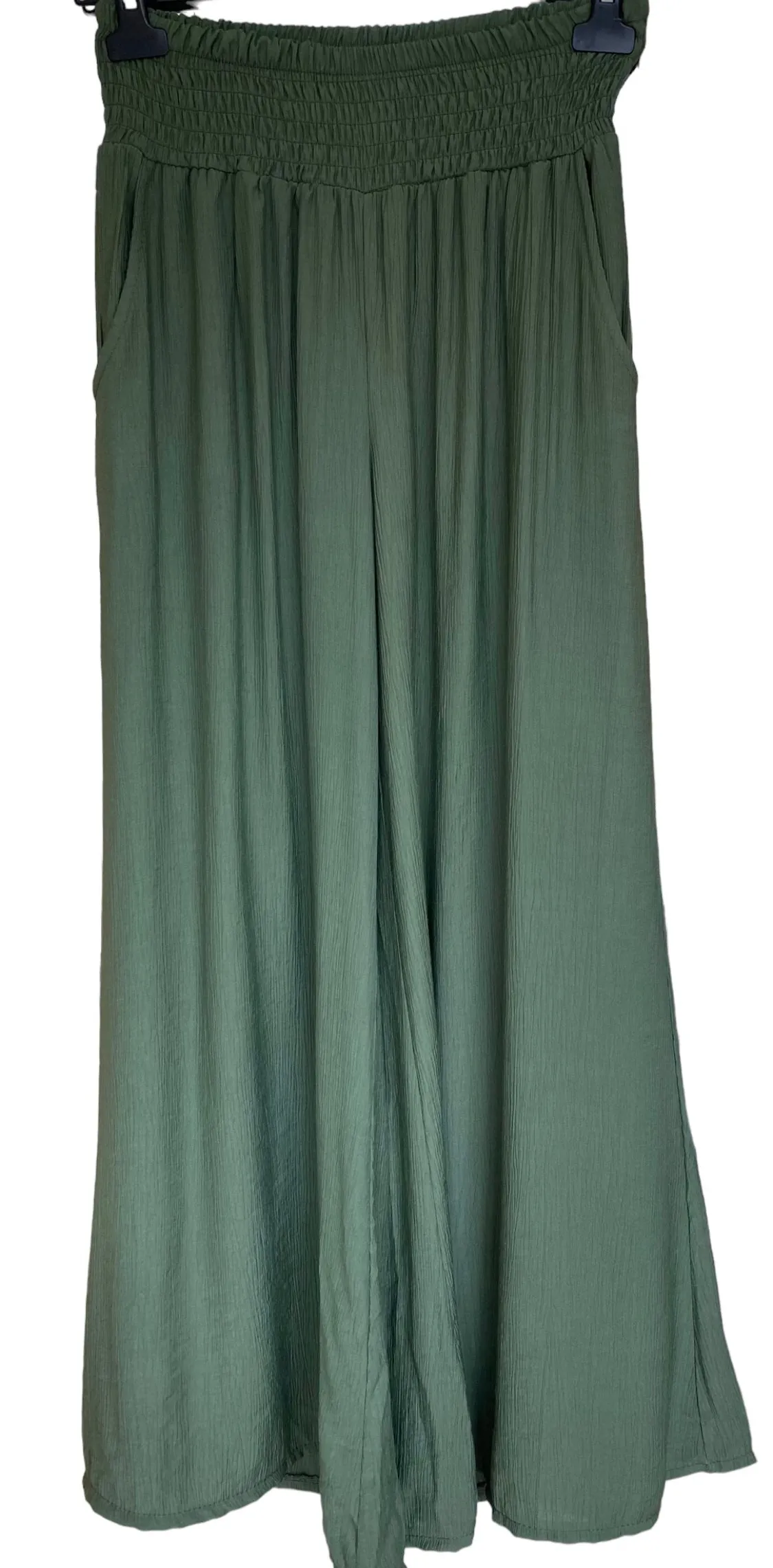 Plain Crinkle Effect Shirred Waist Wide Leg Trousers (2 Colours)