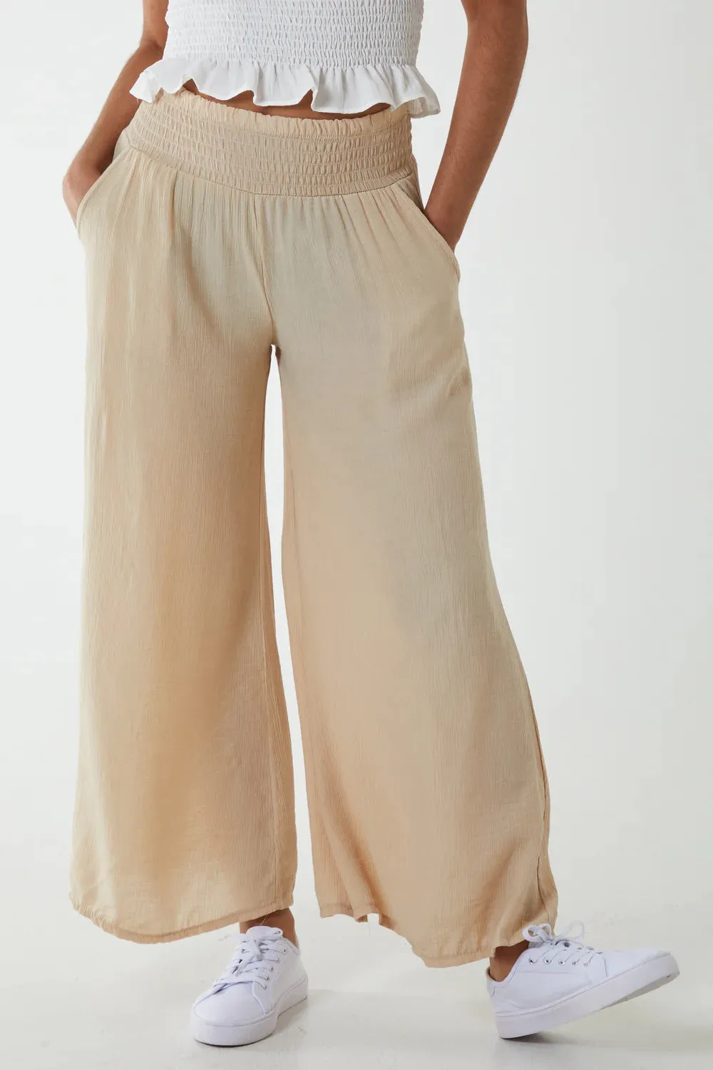 Plain Crinkle Effect Shirred Waist Wide Leg Trousers (2 Colours)