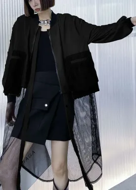 Plus Size Black zippered Pockets Tulle Patchwork Fall Long sleeve Trench coat