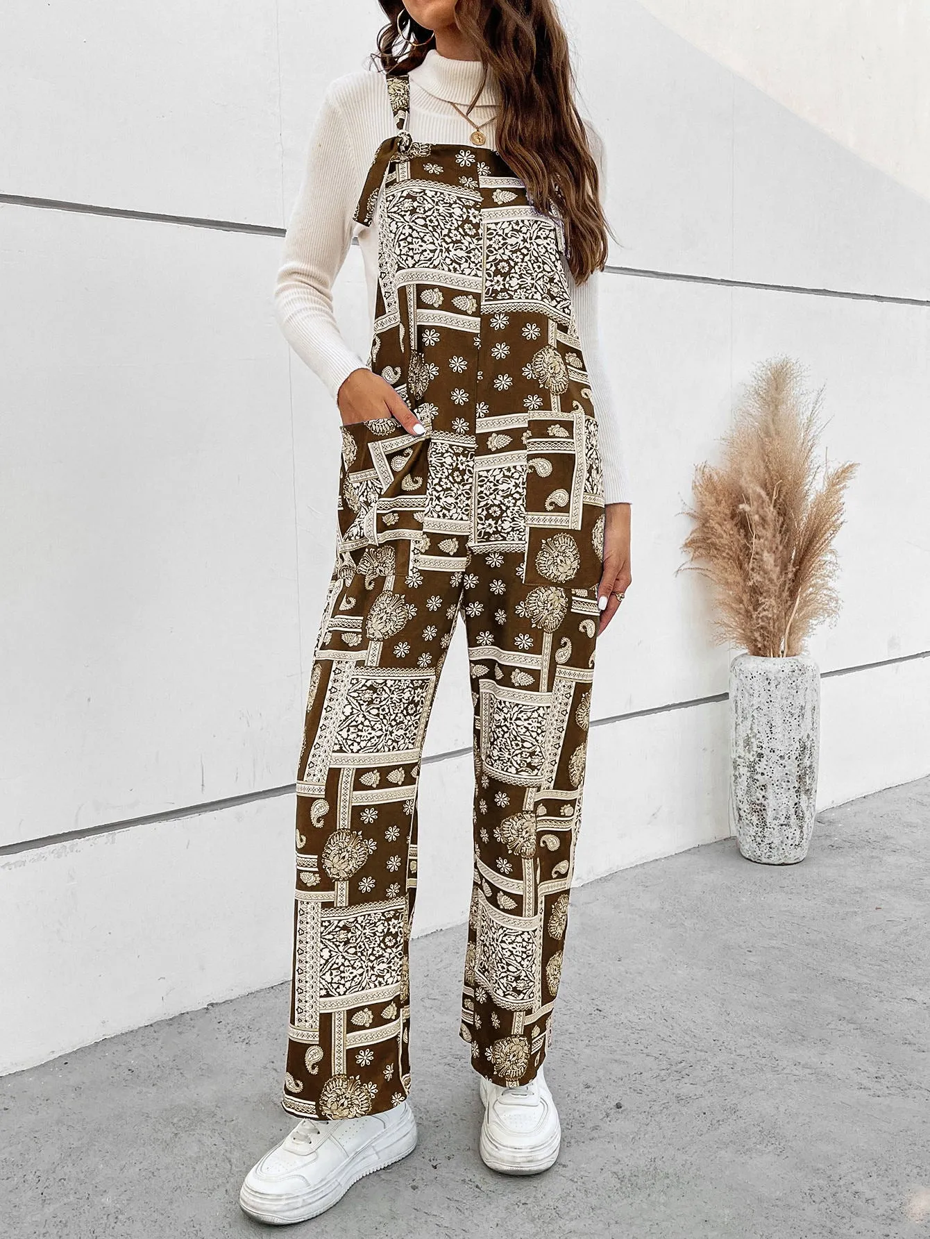 Printed Straight Leg Overalls with Pockets