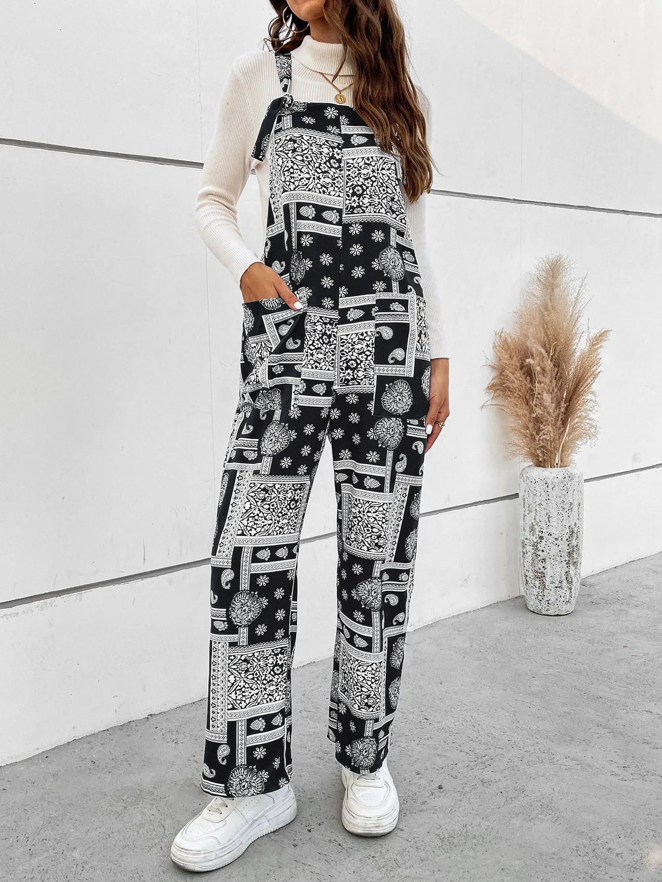 Printed Straight Leg Overalls with Pockets