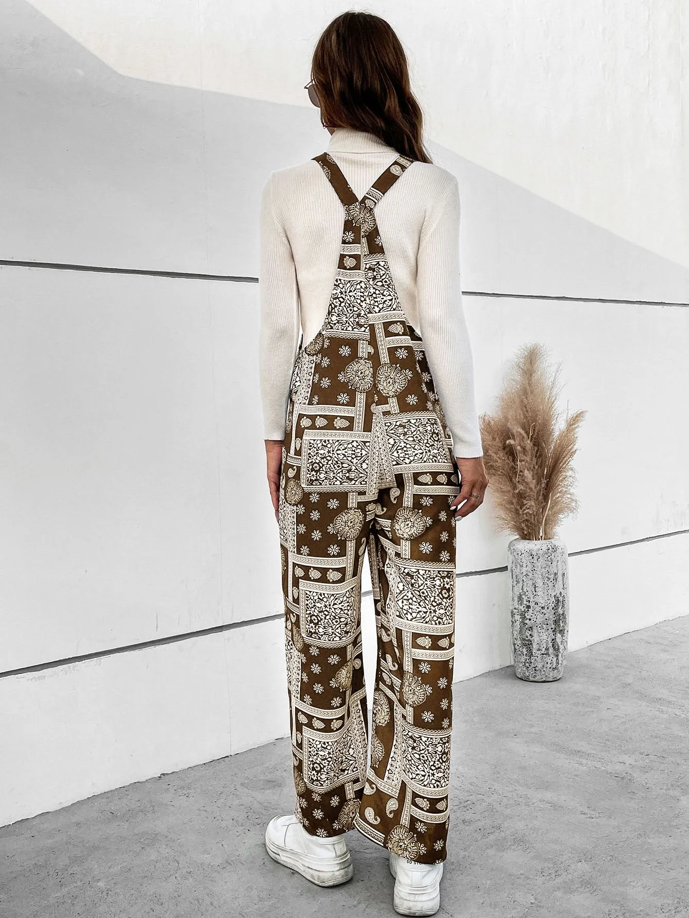 Printed Straight Leg Overalls with Pockets