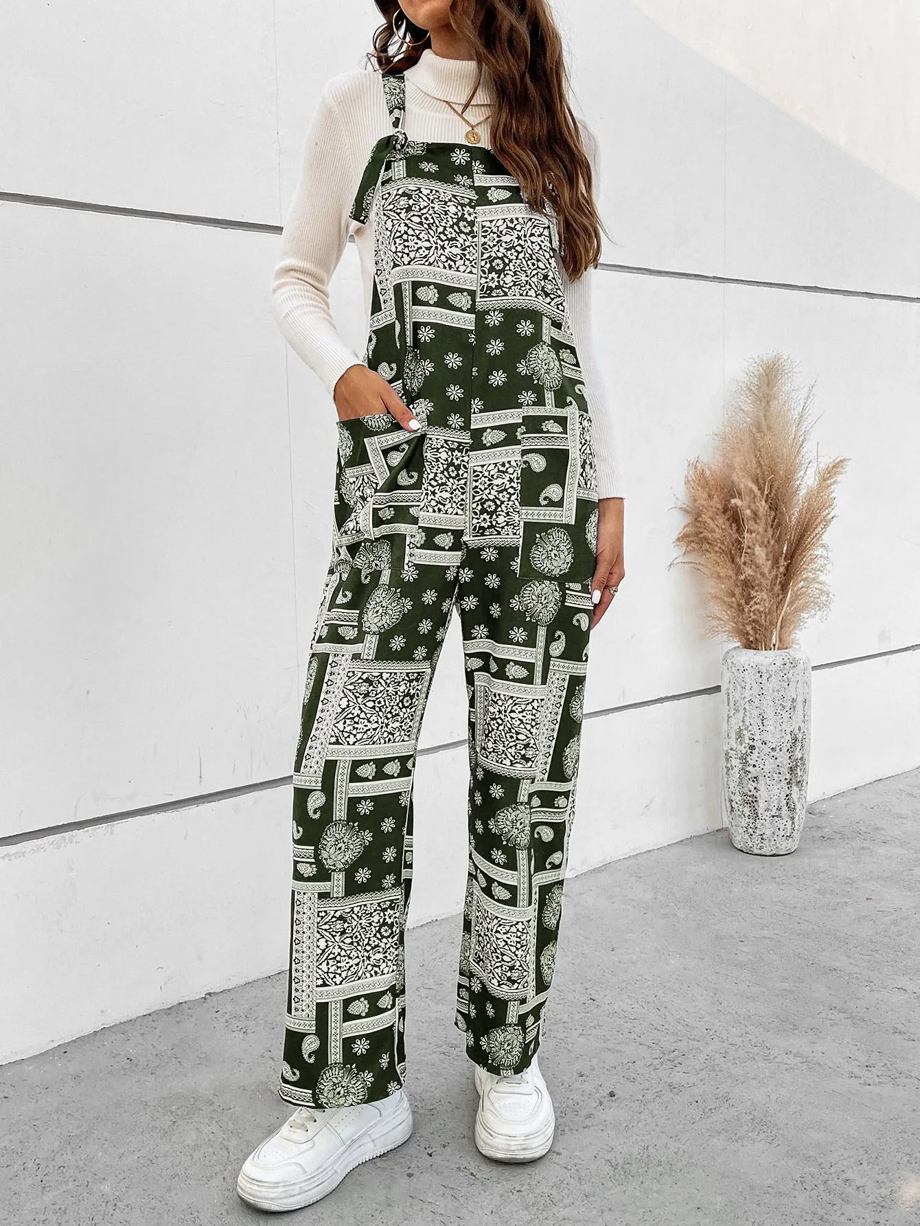 Printed Straight Leg Overalls with Pockets