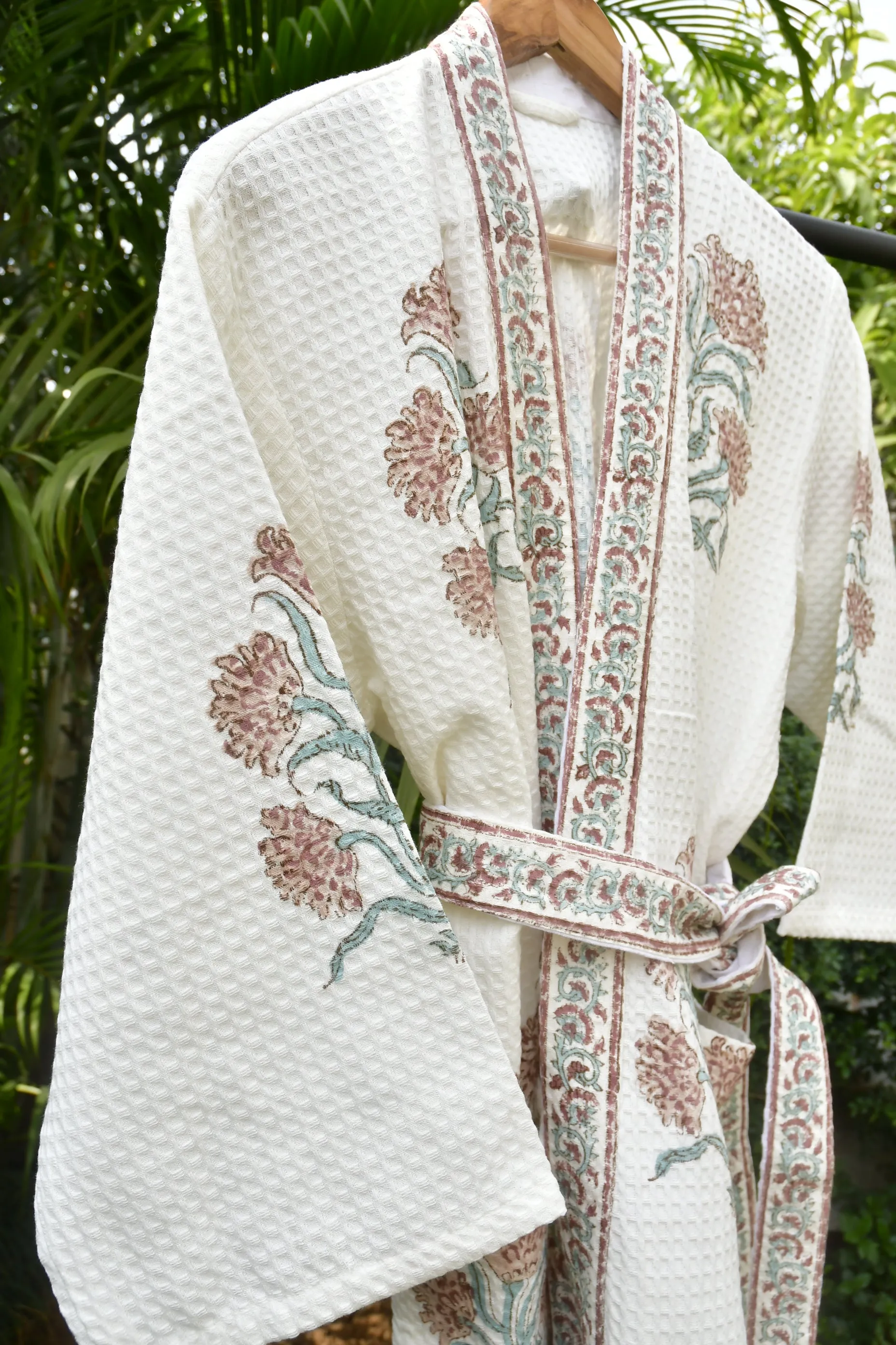 Rust and Green Floral Waffle Cotton Bathrobe | Luxurious | Organic Comfort