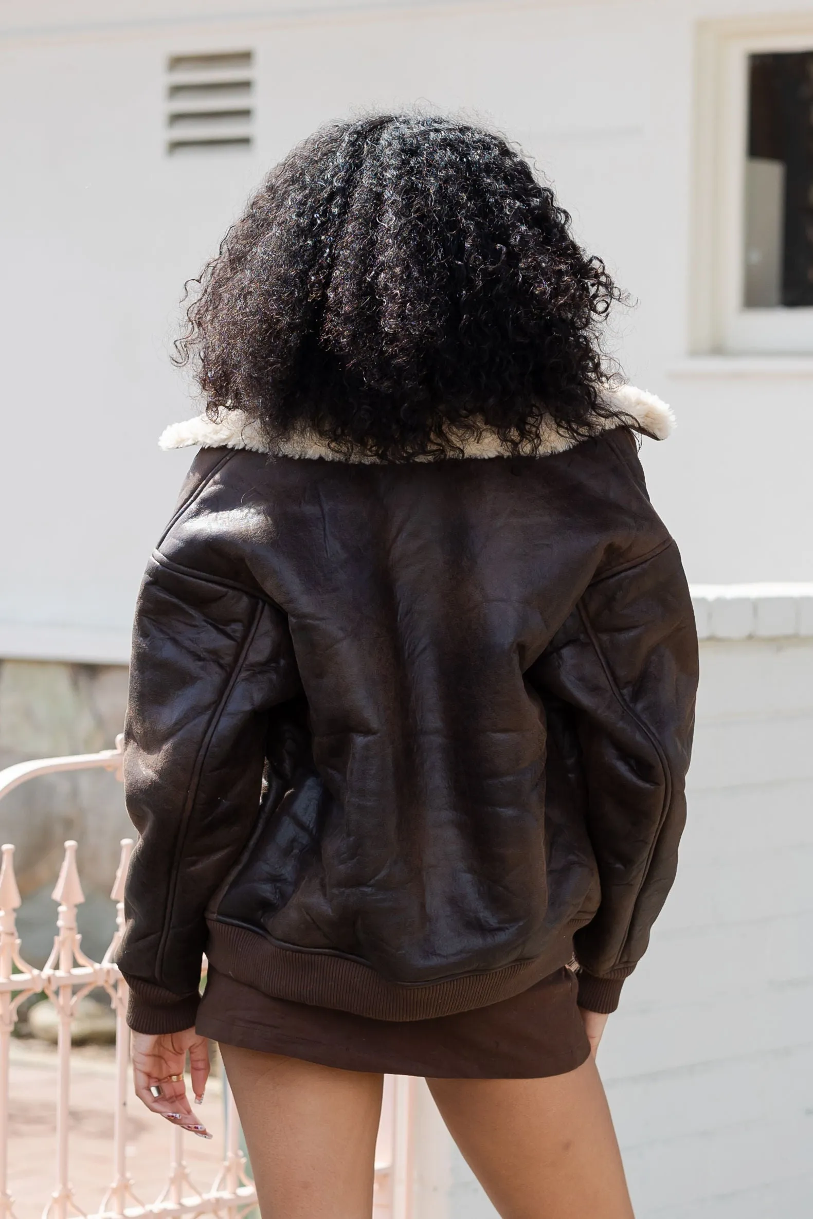 Sherpa Lined Vegan Leather Bomber Jacket