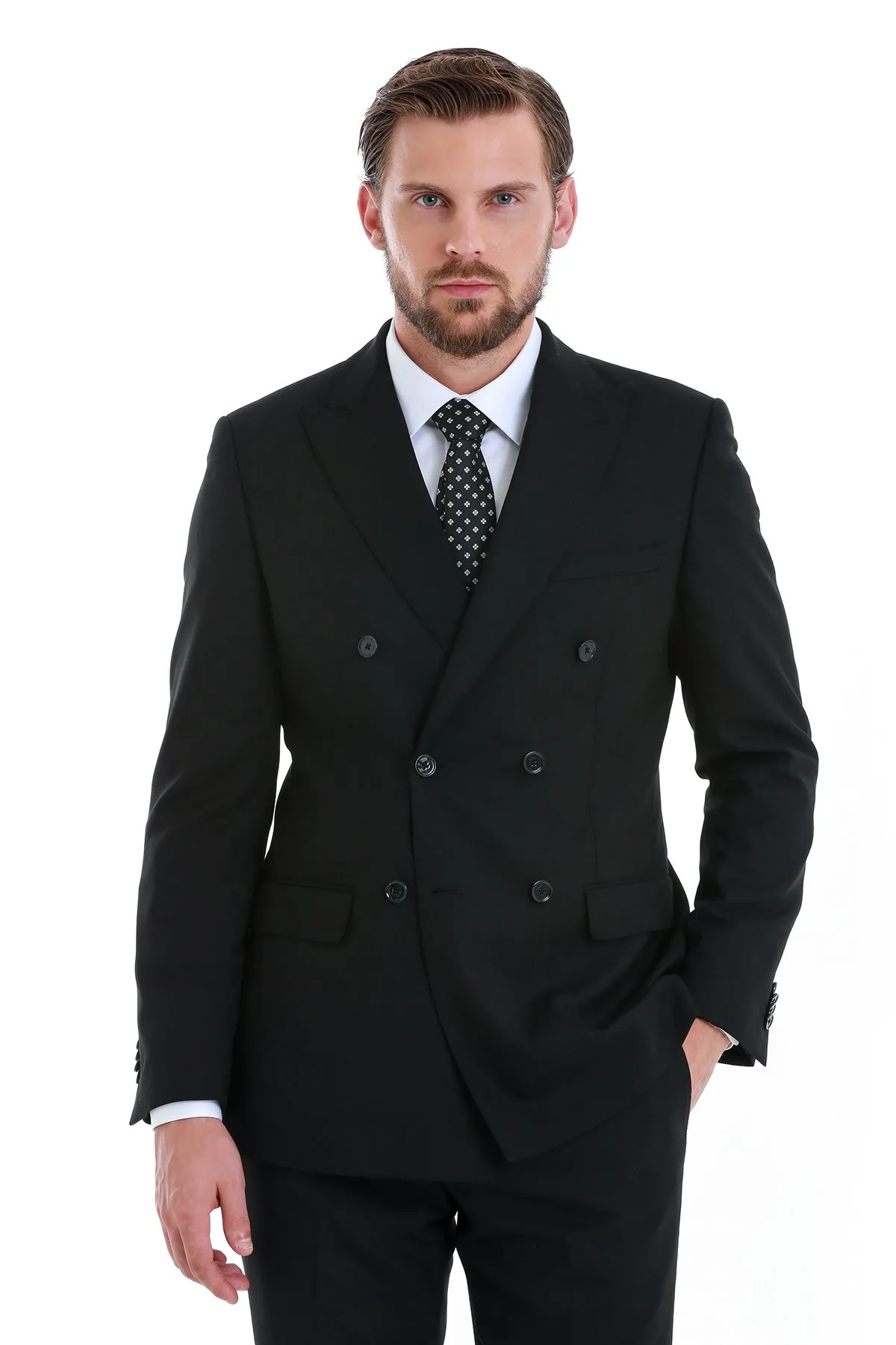 Slim Fit Double Breasted Black Wool Blend Classic Suit