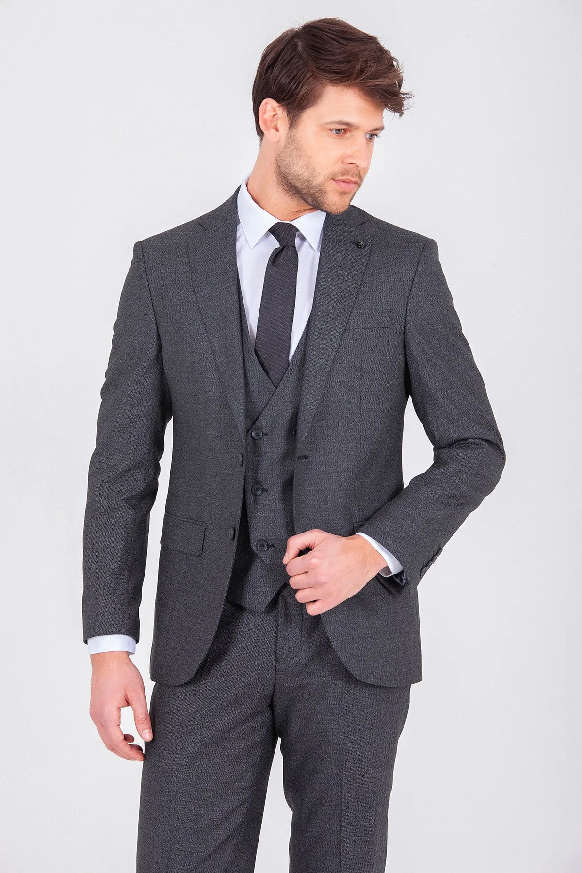 Slim Fit Notch Lapel Black Wool Blend Classic Suit with Vest