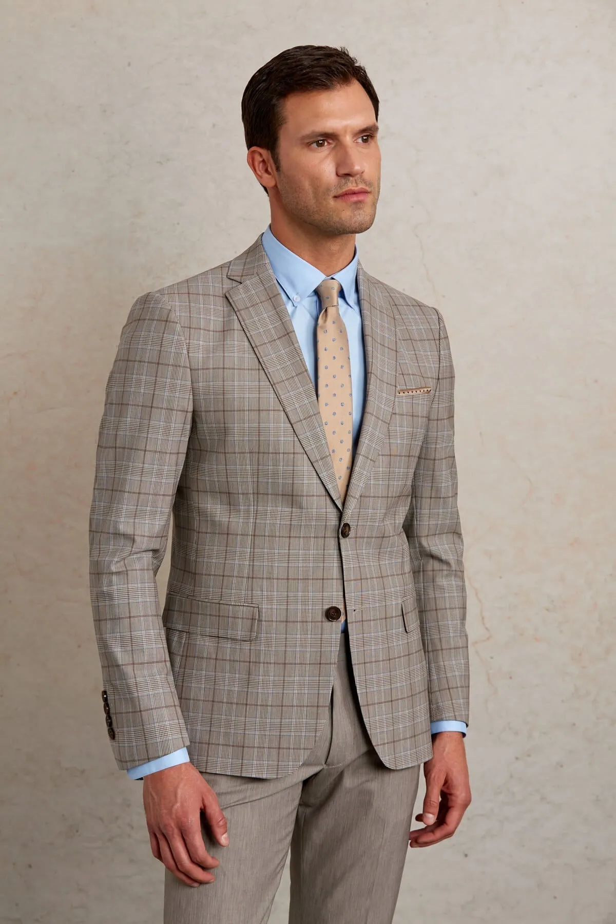 Slim Fit Plaid Wool Blend Beige Casual Suit