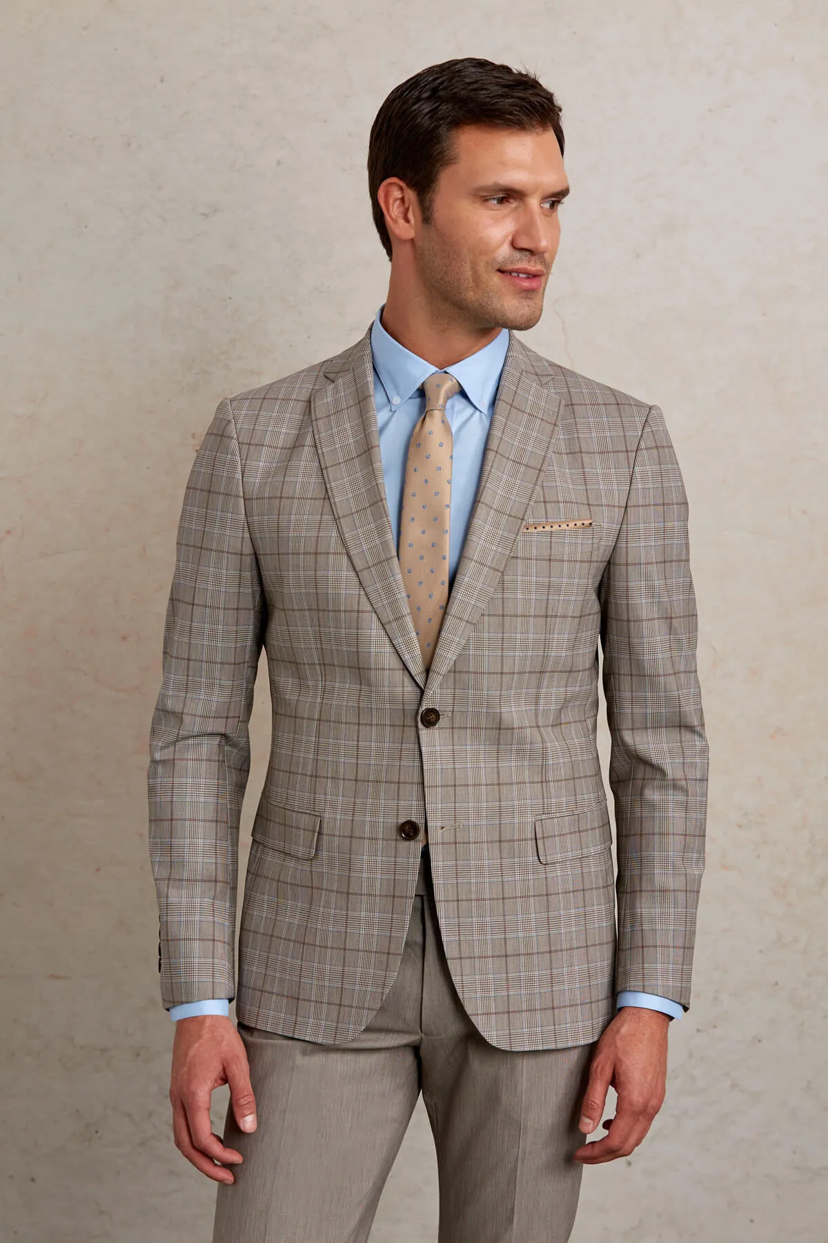 Slim Fit Plaid Wool Blend Beige Casual Suit