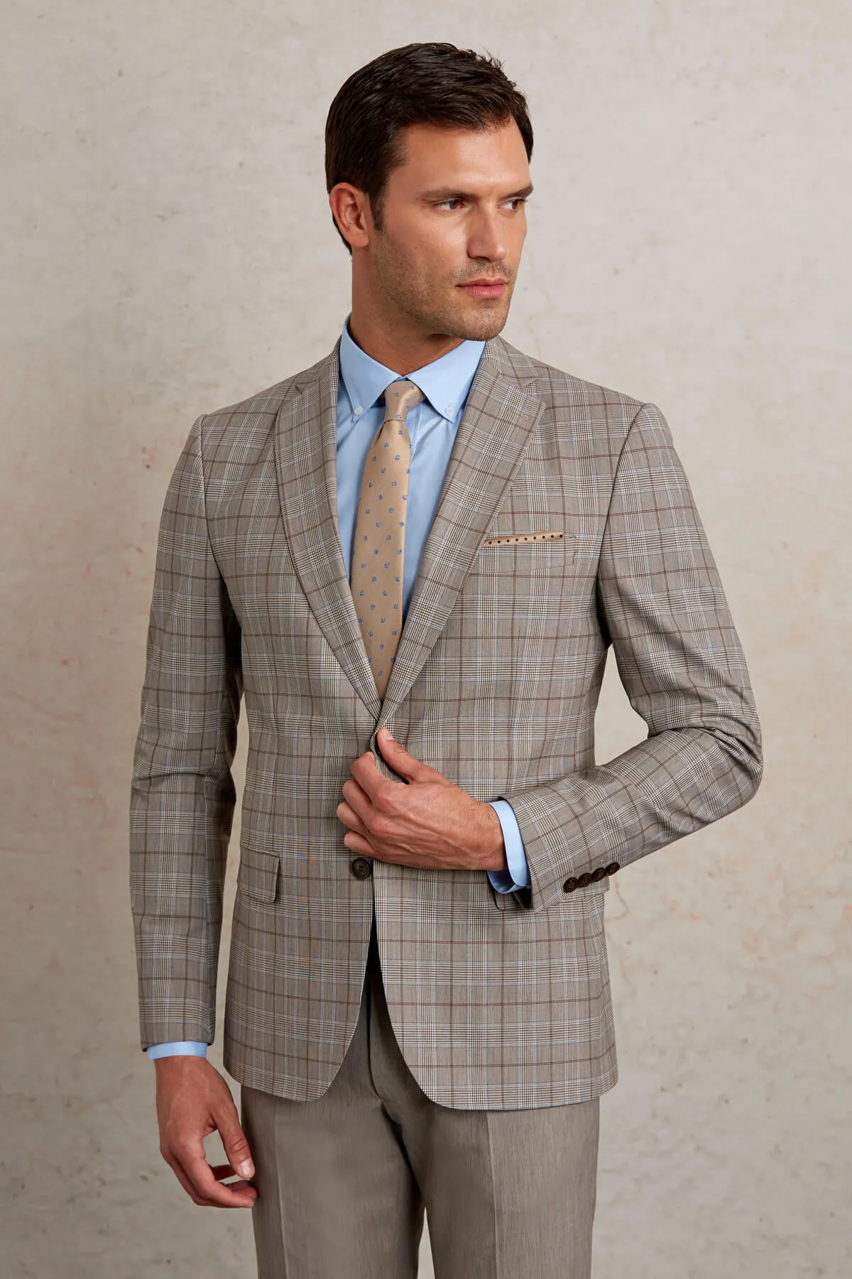 Slim Fit Plaid Wool Blend Beige Casual Suit