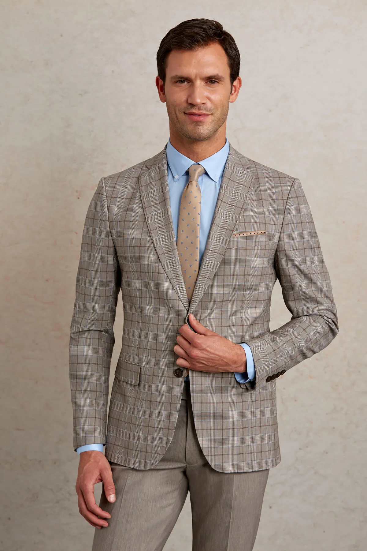 Slim Fit Plaid Wool Blend Beige Casual Suit