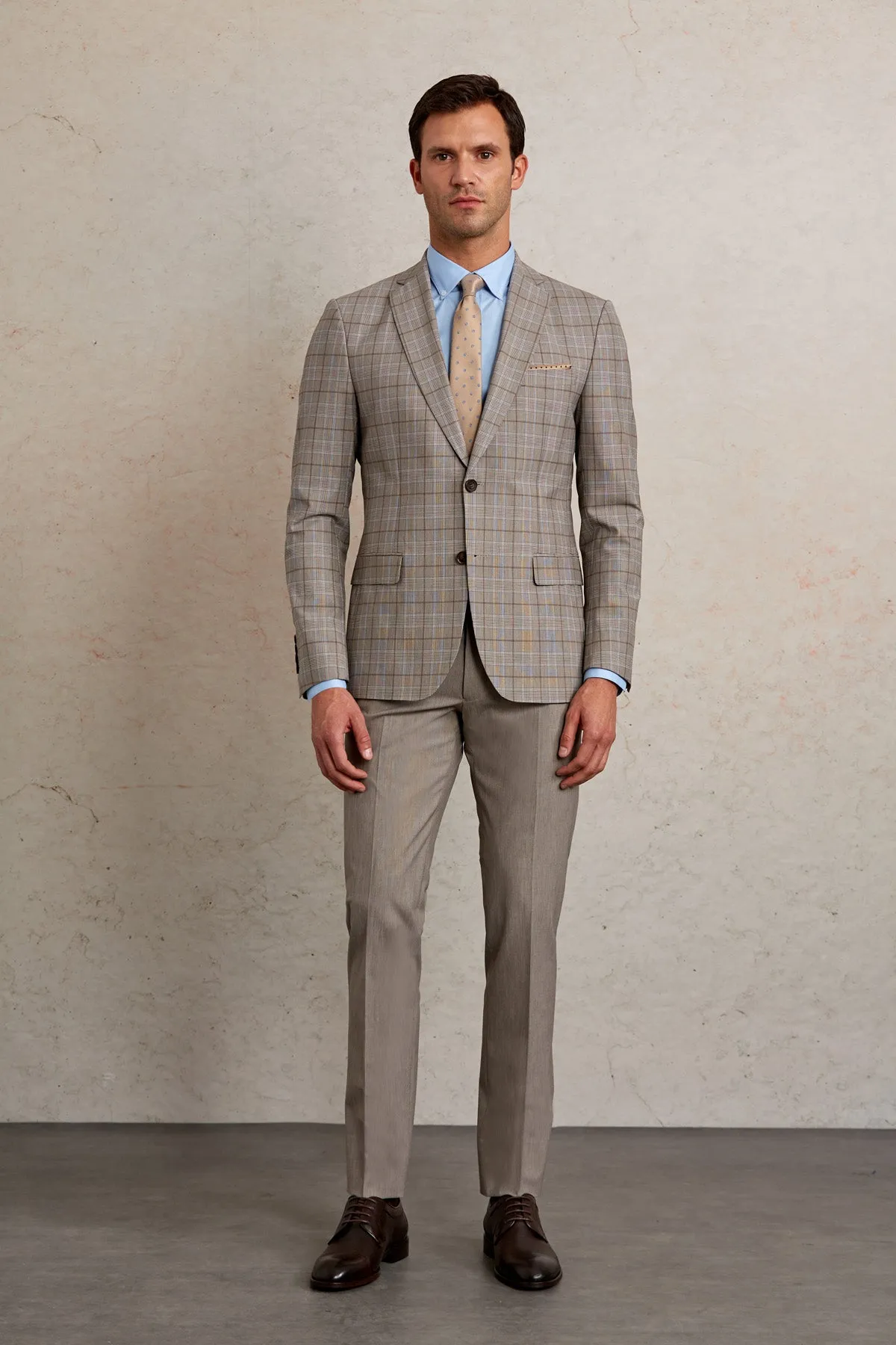 Slim Fit Plaid Wool Blend Beige Casual Suit