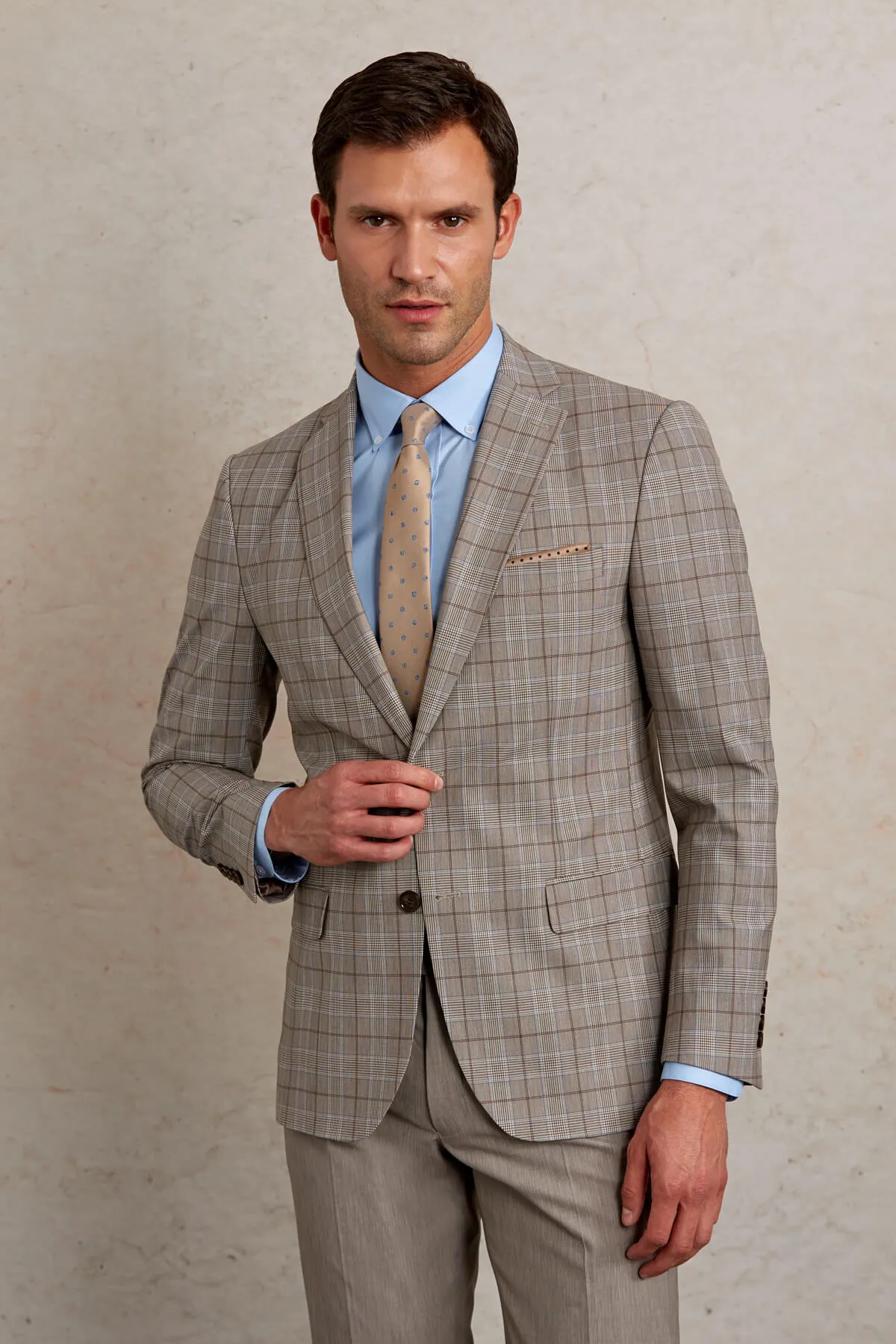 Slim Fit Plaid Wool Blend Beige Casual Suit