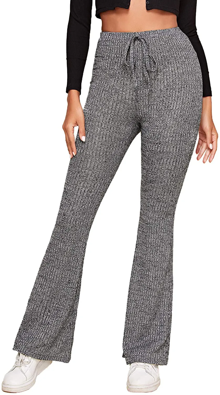 SOLY HUX Women's Elastic Waist Tie Front Flare Leg Pants Ribbed Knit Trousers