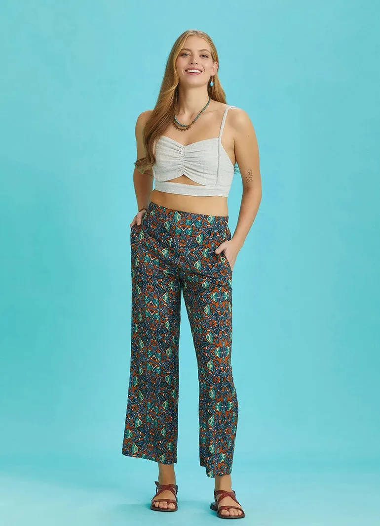 Straight Leg Petrol Patterned Elastic Waist Trousers