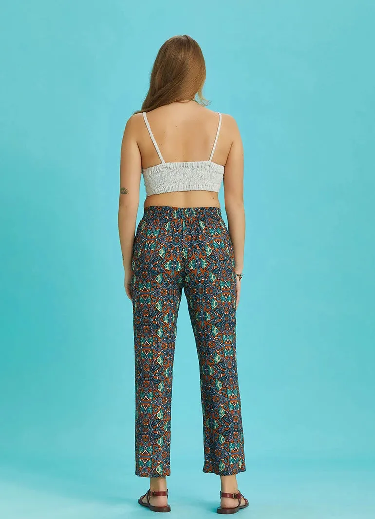 Straight Leg Petrol Patterned Elastic Waist Trousers