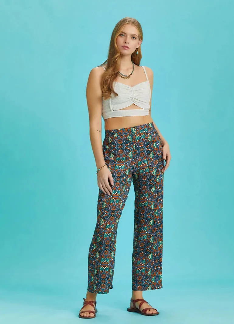 Straight Leg Petrol Patterned Elastic Waist Trousers